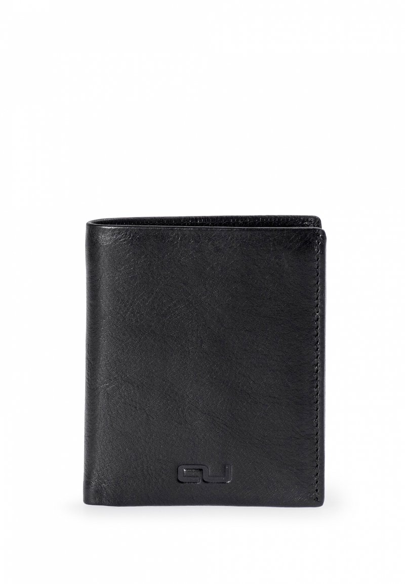 Black leather wallet with a smooth texture, bi-fold design, and embossed logo. Features rounded corners and minimal stitching details.