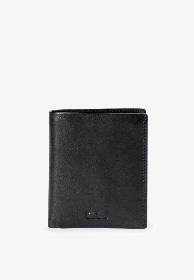 Black leather wallet with a smooth texture, bi-fold design, and embossed logo. Features rounded corners and minimal stitching details.