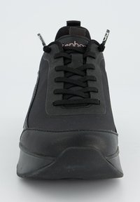 Black sneaker with a smooth leather toe cap and textured fabric upper. Features black laces and a slightly curved rubber outsole.