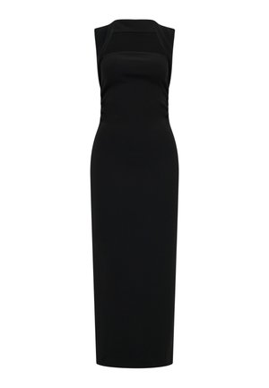 Lühikeste varrukateta must midi kleit ruudukujulise kaelusega ja liibuv siluett.