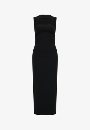 Sleeveless black midi dress with square neckline and fitted silhouette.