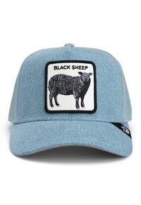 Denim blue cap with a black and white patch featuring a black sheep and the text "BLACK SHEEP." Mesh back for ventilation.