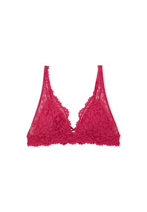 Lace bralette in deep pink with floral pattern, deep V-neck, wide lace straps, and scalloped trim at the hem. Soft texture with breathable design.