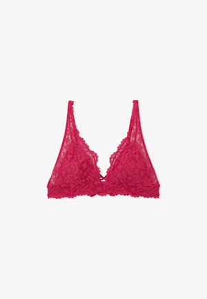 Lace bralette in deep pink with floral pattern, deep V-neck, wide lace straps, and scalloped trim at the hem. Soft texture with breathable design.