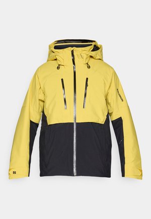 Wasserdichte Jacke mit einem leuchtend gelben Oberteil und einem schwarzen Unterteil, mit einem Frontreißverschluss, verstellbare Kapuze und Reißverschluss-Taschen.