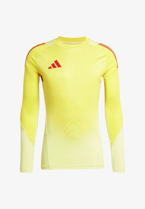 Langarm-Sportshirt in leuchtendem Gelb mit roten Akzenten und Adidas-Logo; hat eine strukturierte Textur und eine körperbetonte Passform.