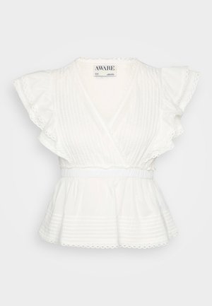 White peplum top with ruffled short sleeves, a wrap design, horizontal pinstripes, elastic waistband, and scalloped hem detailing.
