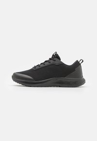 Black athletic shoes featuring a mesh upper with textured accents, a smooth rubber sole, and a lace-up design for secure fit.