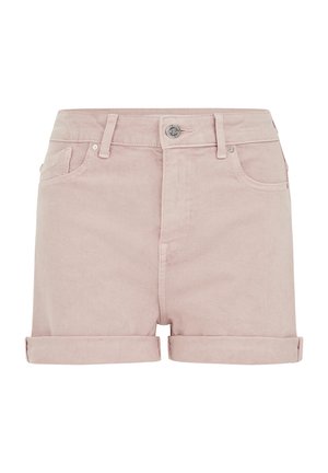Shorts en denim rose clair avec ourlets retroussés, fermeture à boutons sur le devant, passants pour ceinture et poches avant.