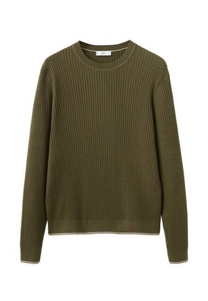 Olivno zelena dolga majica s pletenim vzorcem, rebrasto teksturo in okroglim izrezom, s subtilnim belim robom na manšetah in spodnjem robu.