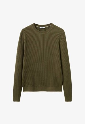 Olivno zelena dolga majica s pletenim vzorcem, rebrasto teksturo in okroglim izrezom, s subtilnim belim robom na manšetah in spodnjem robu.