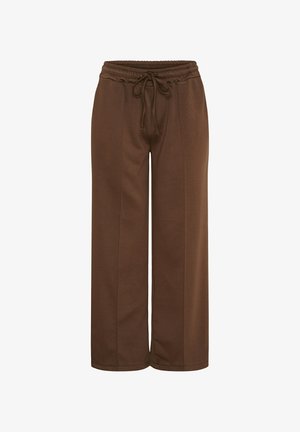 Brune bukser med vide ben, elastisk talje og snøre, med sømdetaljer foran, vist mod en hvid baggrund.