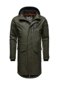 Olive green waterproof parka with a hood, front zipper, and multiple pockets. Features black cuffs and a fleece-lined interior.
