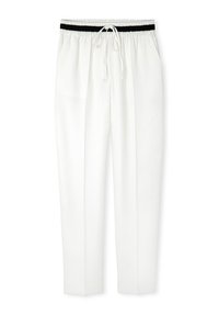 Witte drawstringbroek met een elastische zwarte tailleband en een gladde, lichte stof. Heeft taps toelopende benen en zijzakken.