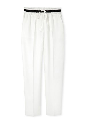 Pantalones blancos con cordón en la cintura, con una banda elástica negra y un tejido suave y ligero. Presenta piernas ajustadas y bolsillos laterales.