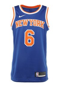 Blå baskettröja med orange accenter. "NEW YORK" i fet stil på bröstet, nummer "6" fram. Nike-logga och NBA-märke på botten.