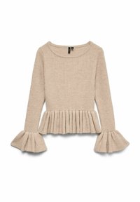 Maglione beige a coste con scollatura rotonda, maniche lunghe e polsini a campana con volant. Presenta un orlo plissettato per un tocco di texture in più.