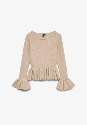 Bežani rebrasti pulover s okruglim izrezom, dugim rukavima i naboranim zvonastim rukavima. Ima plisiranu donju ivicu za dodatnu teksturu.