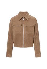 Giacca corta in suede marrone con maniche lunghe, chiusura frontale con zip, ampio colletto e due tasche a pattina sul petto.