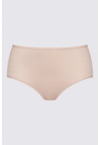 Culotte taille haute beige en tissu lisse. Présente un design sans couture avec une ceinture élastique confortable et sans coutures visibles.
