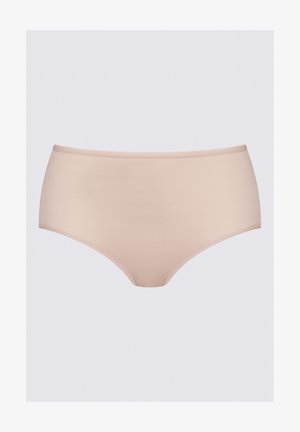 Beige hochgeschnittene Unterhose aus glattem Material. Verfügt über ein nahtloses Design mit einem bequemen elastischen Bund und ohne sichtbare Nähte.