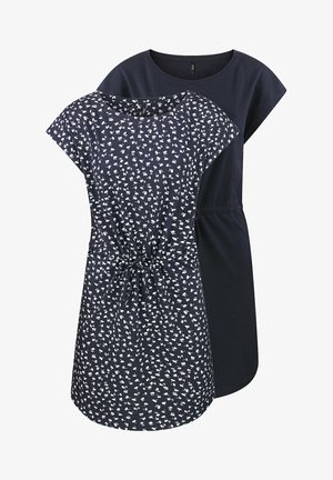 Twee korte jurken: de ene met een donkerblauwe patroon met witte bloemen, de andere effen donkerblauw. Bevat een tailleaccent.