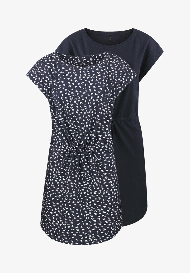 Marineblaues Kleid-Set mit floralem Muster auf der Vorderseite und einfarbigem marineblauen Rücken, kurzen Ärmeln und elastischem Bund für eine bequeme Passform.