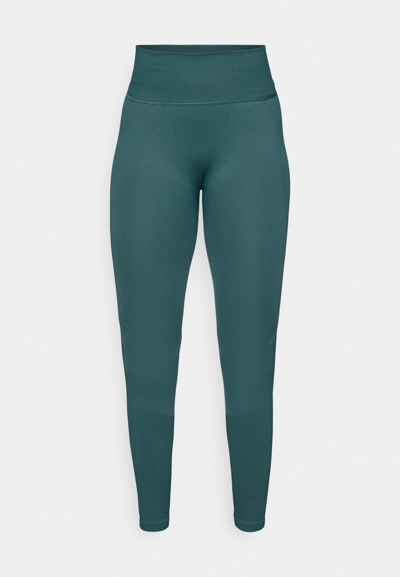 Leggings de color teal con una alta cinturilla acanalada. Fabricados con una tela suave y elástica, presentan un diseño ajustado y una construcción sin costuras.