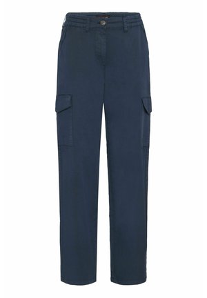 Pantalons cargo navy en tissu léger, avec une taille élastique, deux poches latérales et deux poches cargo sur les cuisses.