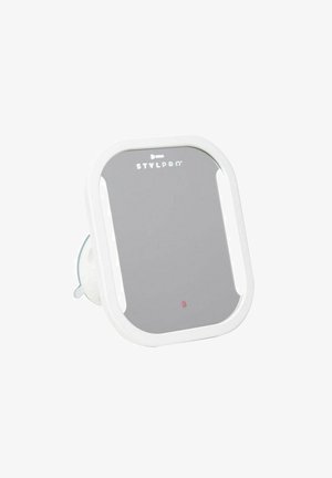 Vierkante spiegel met een witte kunststof lijst. Beschikt over een zuignapbevestiging en een klein rood indicatielampje aan de onderkant. Zilveren reflecterende oppervlakte.