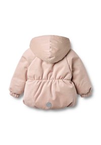 Różowa kurtka z korduroju z kapturem, elastycznymi mankietami i zgromadzonym pasem. Posiada okrągły detal logo z tyłu. Miękka tekstura.