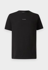 Melnā kokvilnas T-krekls ar apaļu kaklu, īsām piedurknēm un mazu balto "KARL LAGERFELD" logo uz krūtīm. Vienkāršs dizains.