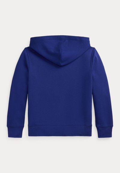 Camisola com capuz azul-marinho, com cordão na capuz, mangas compridas e textura macia. Apresenta um design simples nas costas, sem logótipos ou padrões visíveis.