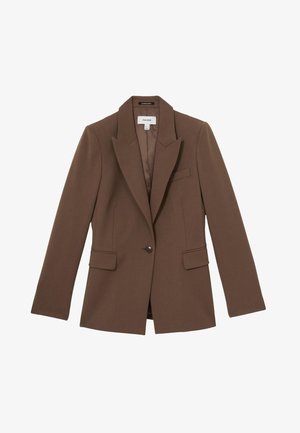 Blazer marrón con un solo botón, solapas con muesca, dos bolsillos delanteros con solapa y un bolsillo en el pecho, hecho de tela lisa.