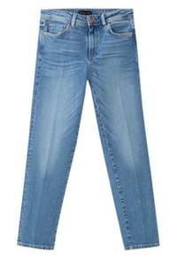 Jean en denim bleu clair avec poches avant, passants pour ceinture et fermeture à bouton, posé à plat sur fond blanc.