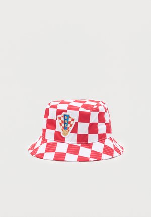 Czerwono-biała kratowana kapelusz typu bucket z niebiesko-złotą naszywką herbu HNS z emblem soccer ball.