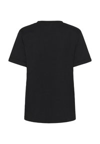 T-shirt noir à manches courtes en coton. Ourlet droit, design col rond, texture lisse, sans motifs ni accents visibles.