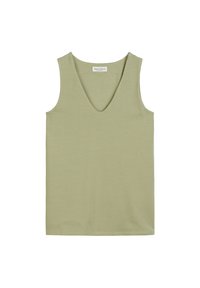 V-neck sleeveless top in a light green, soft fabric with a smooth texture and a simple, straight cut design.