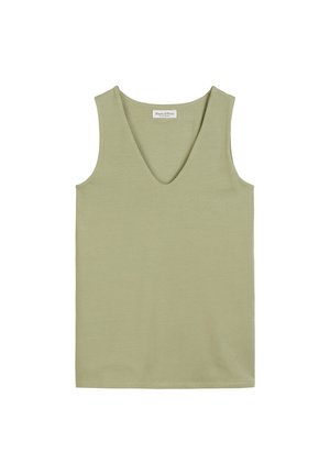 V-neck sleeveless top in a light green, soft fabric with a smooth texture and a simple, straight cut design.