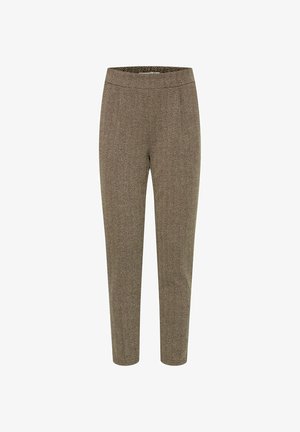 Houndstooth mustriga püksid pruunides toonides, kitsenev disain, elastne vöökoht ja sile tekstuur. Sobivad nii igapäevaseks kui ka ametlikuks kandmiseks.