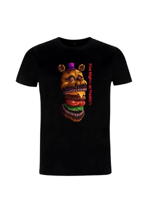 Schwarzes T-Shirt mit dem Kopf eines Five Nights at Freddy's-Charakters, der in einen Burger mit scharfen Zähnen, Tomate, Salat und Käsescheiben verwandelt wurde.