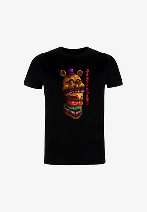 Zwart T-shirt met een Five Nights at Freddy's personagehoofd dat is omgevormd tot een hamburger met scherpe tanden, tomaat, sla en plakjes kaas.