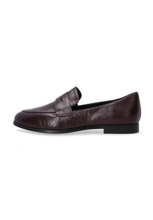 Brown leather loafers featuring a rounded toe, minimal stitching, and a slip-on design with a low heel. Smooth texture with subtle shine.