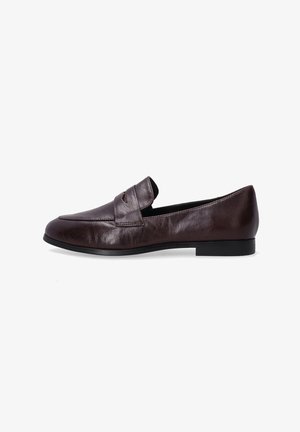 Brown leather loafers featuring a rounded toe, minimal stitching, and a slip-on design with a low heel. Smooth texture with subtle shine.