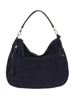Navy suede hobo bag with a single leather handle, zip closure, side zipper pocket, and small branding tag, featuring a smooth texture.