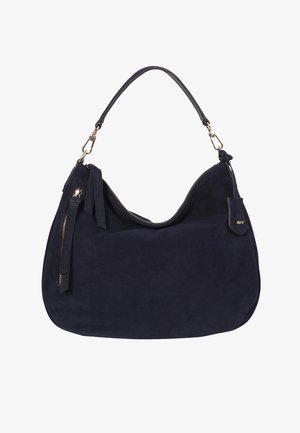 Navy suede hobo bag with a single leather handle, zip closure, side zipper pocket, and small branding tag, featuring a smooth texture.