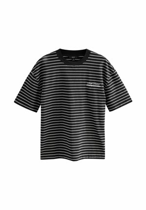 Black and white striped T-shirt with short sleeves and a crew neck. Features "Copenhagen" text design on the front. Made of smooth fabric.
