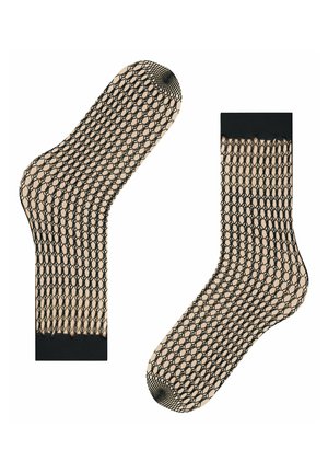 Beige Fischernetze-Knöchelsocken mit schwarzen elastischen Bündchen, Zehen und Fersen, flach ausgelegt, mit Vorder- und Seitenansicht.