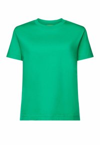 T-shirt vert uni à manches courtes avec col rond, sans motifs ni logos visibles sur fond blanc.