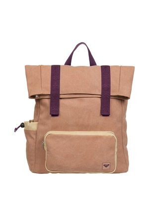 Beige canvas backpack with purple straps, front zip pocket, side pouch, and top handle against white background.